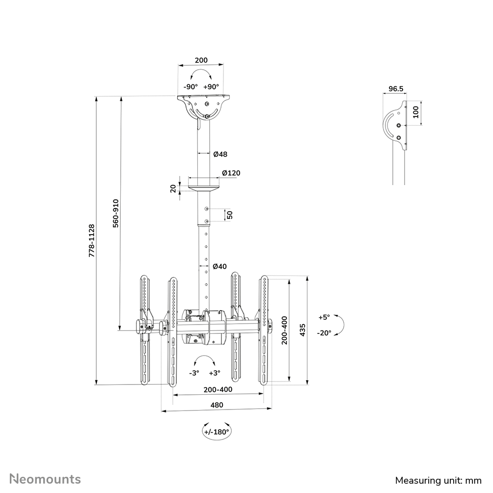 Neomounts NM-C440DBLACK Supporto a soffitto per doppio monitor/TV 32-60" - alt. 56-91 cm